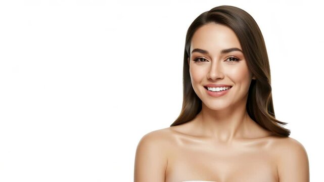 Smiling woman with healthy glowing skin on white background &ndash; ideal for skincare ads, cosmetic product promotion, wellness branding, or beauty clinic marketing visuals

