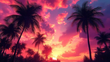Obraz premium Pink Paradise: Tropical Sunset Silhouette