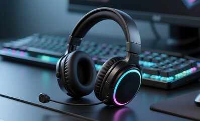 Modern RGB Gaming Headphones with Glowing Blue and Pink Lighting on Dark Gaming Desk with Illuminated Keyboard
