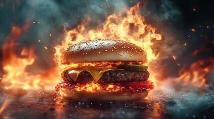 Flaming burger, a  deliciously dramatic food art piece.