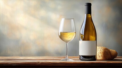 A bottle of white wine with a blank label, a filled wine glass, and a wine cork on a rustic wooden surface with a soft blurred background