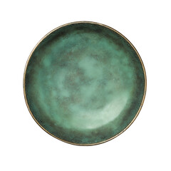 A ceramic plate with an emerald-green hue and a golden rim, showcasing a sophisticated and timeless design.