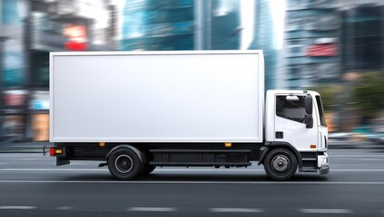 White delivery truck on a city street.