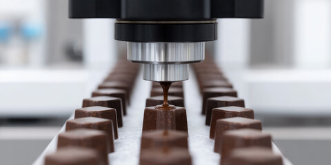 A machine nozzle dispenses chocolate onto a row of chocolates on a conveyor belt. Industrial food production, automation, chocolate manufacturing