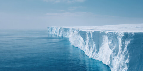 Majestic ice cliffs rise above calm, clear ocean waters. Serene and powerful nature scene