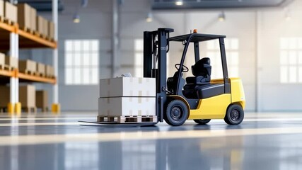 This image portrays yellow forklift in empty warehouse, lifting stack of boxes on wooden pallet. The warehouse has large windows , shiny, reflective floor, with lot of light coming through.