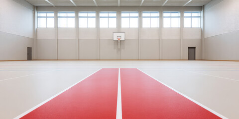 An indoor basketball court is shown with a red and white floor, featuring a basketball hoop against a neutral wall. Concept: sports facility, minimalism
