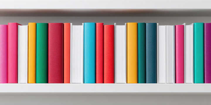 Colorful books with plain covers are neatly arranged on a bookshelf. The concept is organization and variety
