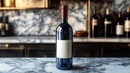 Single dark red wine bottle with blank label standing on marble countertop in elegant kitchen setting with blurred wine bottles in background
