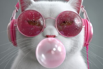 Cool cat with pink sunglasses and bubblegum.