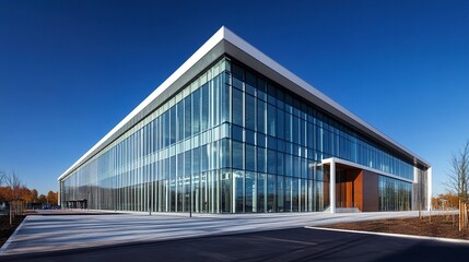 Obraz premium A newly built office building with a futuristic steel and glass structure, its facade glowing in the sunlight against a deep blue sky; low-angle shot, sharp details, modern urban charm. 