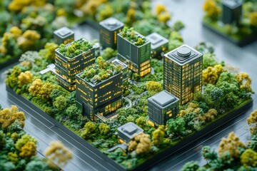 Urban green spaces on miniature city blocks.