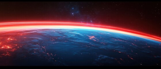 Fototapeta premium View of Earth from space showing illuminated cities, a glowing red atmospheric band, and a distant starry sky evoking a sense of awe and cosmic beauty