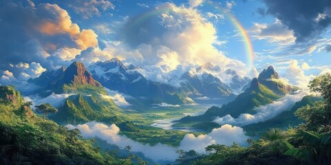 Lush green valley with winding river surrounded by high rocky mountains capped with snow under a partly cloudy sky with a bright rainbow