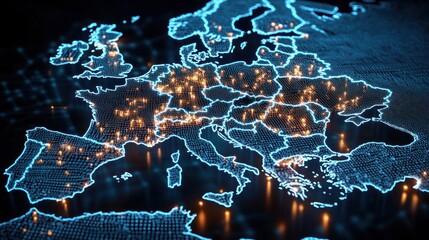 Digital 3D map of Europe with glowing blue borders and illuminated orange city lights representing population or data points at night