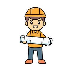 Cute cartoon architect holding blueprints in a flat design style on a plain background, ideal for educational or decorative purposes