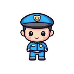 Cute police officer character in flat design style standing confidently in a simple cartoon graphic