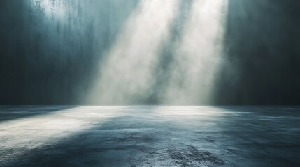 Empty, dimly lit concrete space illuminated by light beams.