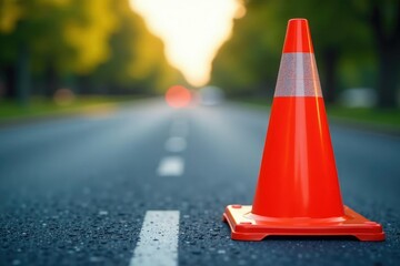 Close-up of a brightly colored safety cone placed on a road, indicating a construction zone or hazard , traffic, bright, cone