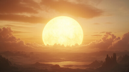A vivid sunset sun casting warm hues across an empty sky, professional composition with open space for creative overlays