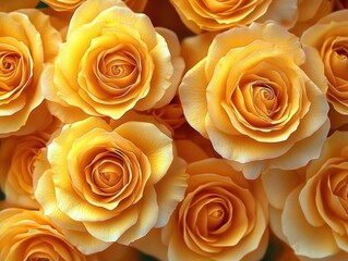 Close-up view of vibrant yellow roses in full bloom showing detailed petals and a warm, cheerful ambiance