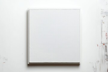 Minimalist white square canvas with textured surface hanging on a plain white wall in a clean, bright setting