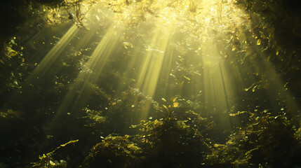 Obraz premium Soft glowing golden light beams shining down from above, casting warm rays against a deep, dark background. [Lunar Botanica] | Lunar Moss | soft light. Illustration