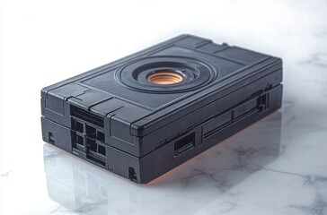 Obraz premium close-up of a black rectangular object with a circular opening in the center placed on a reflective marble surface