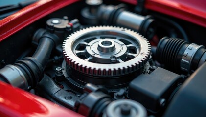 Fototapeta premium Close-up of intricate gear mechanism inside a vibrant sports car engine, showcasing precision engineering , abstract, gear system