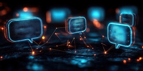 Glowing blue digital speech bubbles connected by orange points and lines symbolizing communication network in a dark futuristic environment
