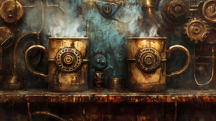 A tale of two mugs: a rusty story. [Mechanical Folklore]   Alloy Fables   metal tale. Illustration © Thiago
