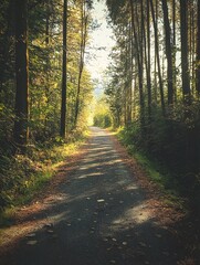 Fototapeta premium Sunlit path winding through a lush green forest, dappled sunlight filtering through leaves creating magical atmosphere.