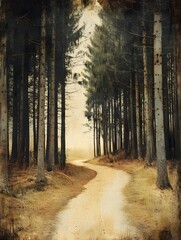 Naklejka premium Serene winding path through a dense pine forest, bathed in soft light. oilpainting art illustration wallpaper background