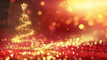 A Christmas tree is made of shining lights and is topped with a star. The background features blurred, sparkling lights in warm gold and red tones, creating a festive holiday scene. - Powered by Adobe