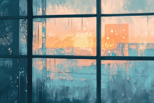 A window reflects a hazy sunset over a cityscape, creating a serene and dreamy atmosphere.