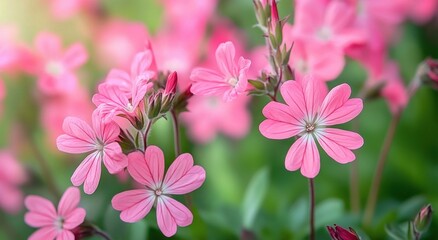 Close-up of delicate pink flowers with soft green background creating a peaceful and fresh springtime atmosphere