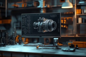 Fototapeta premium Detailed mechanical design displayed on a monitor in a workshop setting.
