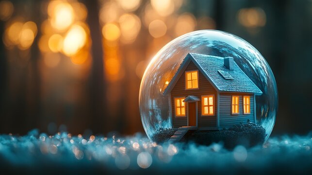 A symbolic composition of a tiny house safely encased within a transparent sphere, surrounded by soft light, emphasizing home insurance and protection. 