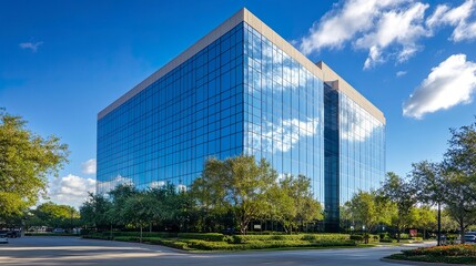 Obraz premium A tall glass building reflecting the greenery and blue sky, seamlessly merging architecture with nature; medium shot, sharp clarity, calm urban elegance. 