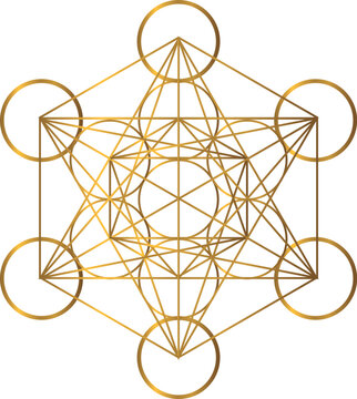 Golden Metatrons Cube, stroke vector, a mystical symbol, derived from the Flower of Life. Sacred Geometry. Thirteen circles are connected with golden lines. Spiritual symbol. Transparent background