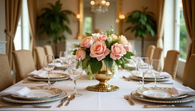 Elegant wedding table setting with floral centerpiece, gold accents, and fine china , event decor, placecards - Powered by Adobe