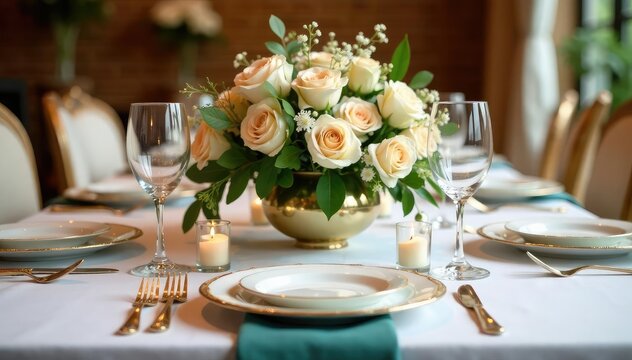Elegant wedding table setting with floral centerpiece, gold cutlery, and fine china , romantic, event decor, setting - Powered by Adobe