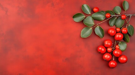 Red Berries and Green Leaves on Red Textured Background