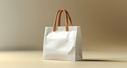 Minimalist White Shopping Bag Mockup with Brown Handles on Neutral Background for Packaging Design

