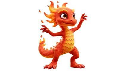 Fototapeta premium Happy cartoon dragon character with fire mane on white background