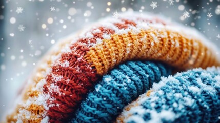 Fototapeta premium Close-up of colorful knitted scarves covered with snowflakes under falling snow, evoking a cozy and cold winter atmosphere