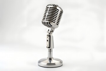 Fototapeta premium Retro Microphone in Focus: A close-up shot of a vintage, chrome microphone stands in pristine condition, perfect for capturing vocals and instruments.