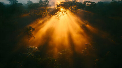 Obraz premium Golden Sunlight Rays Through Foggy Forest at Dawn