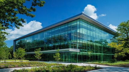 Fototapeta premium Contemporary glass architecture with green trees in the foreground, the vibrant blue sky enhancing the clean design; wide-angle view, radiant light, eco-friendly vibe. 