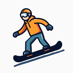 skiing illustration with skier in yellow jacket on blue snowboard